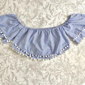 F21 Blue and White Off-the-Shoulder Flowy Crop Top